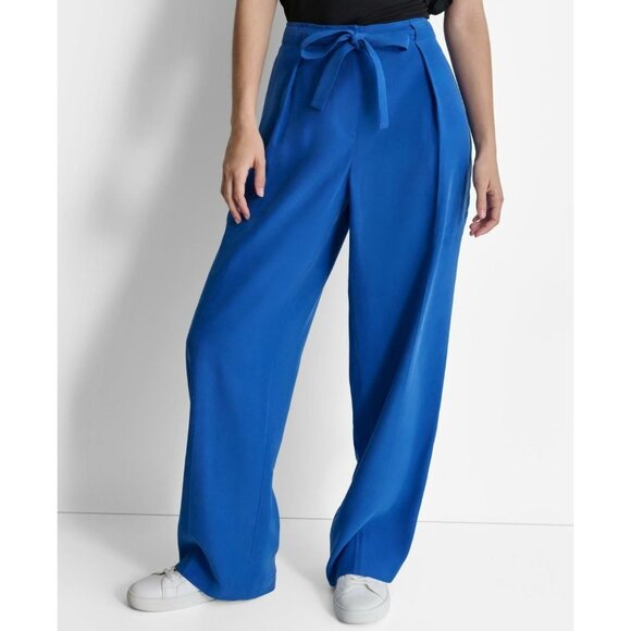 DKNY Womens Twill Tie Front Pleated Wide Leg Pants Lapis Blue Size 2 MSRP $99 - Picture 1 of 3